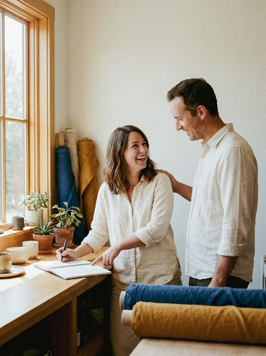 Couple d'entrepreneurs partageant un moment de complicité et de travail dans leur atelier de tissus à Rennes