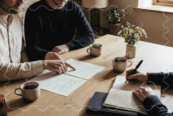 Couple entrepreneur autour d’une table de travail avec documents, carnets et cafés