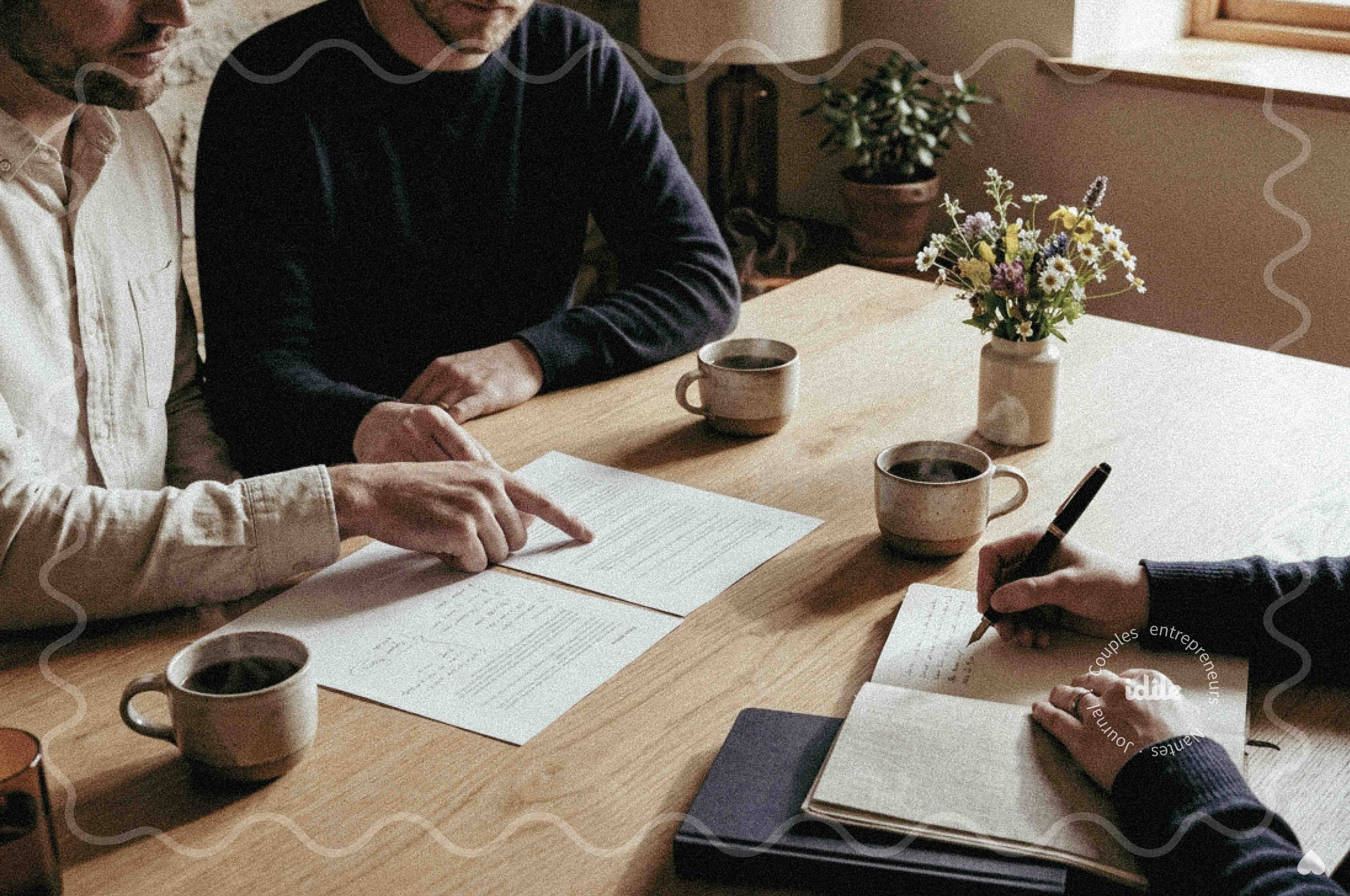 Couple entrepreneur autour d’une table de travail avec documents, carnets et cafés